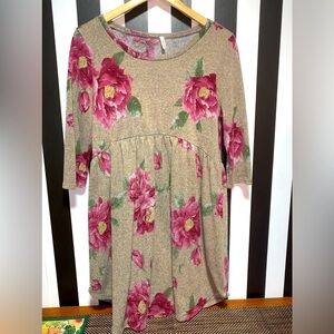 Y2K Grey/Purple Floral Sweater Dress 3/4 Sleeve Large 12/14 Woman’s Fall Winter